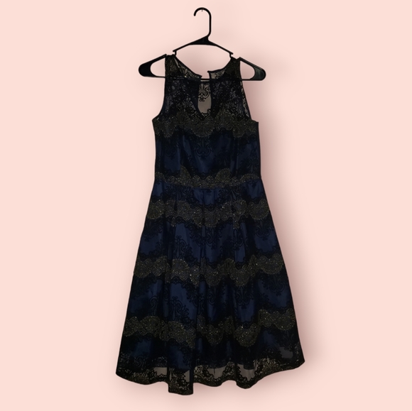 Studio One Navy Blue Dress w/ Black & Gold Embroidered Lace Overlay (Size 6) - Picture 3 of 16